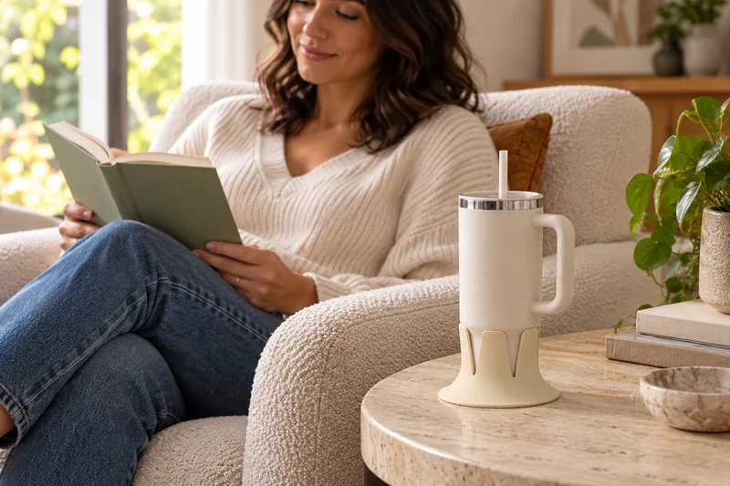 Adult reading in upholstered armchair paper coffee on broad stationary side table within reach. AI lifestyle illustration.