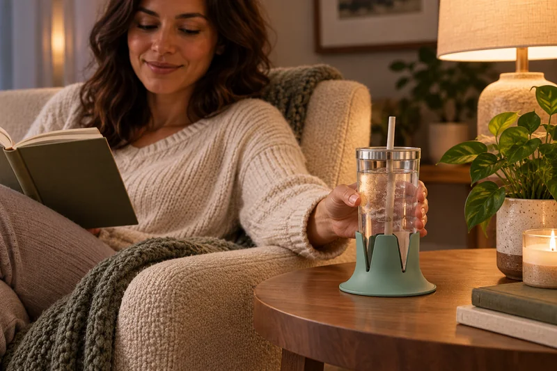 Evening armchair reading corner water glass on wide side table no narrow armrest placement. AI lifestyle illustration.