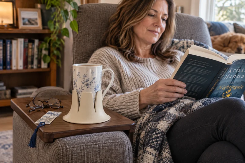 Adult reading paperback in favorite armchair with open narrow-base high-handled tea mug in Steadi on broad level armchair tray fully supported on suitable wide flat arm. AI illustration.