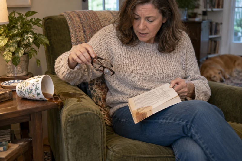 Reaching for glasses catches mug on chair-side surface; tea wets arm cushion and book corner. AI illustration.